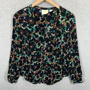Maeve Anthropologie Floral Button‎ Down Blouse Womens M Black Rayon Long Sleeve